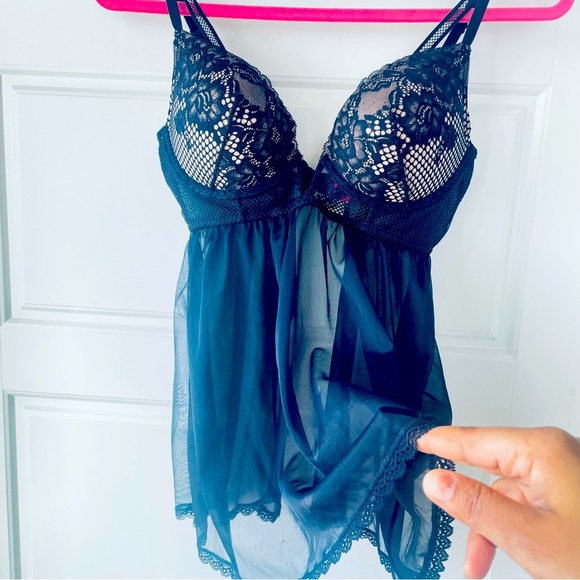 La SENZA Black Cream Lace Babydoll Lingerie in Size Medium - Picture 5 of 10